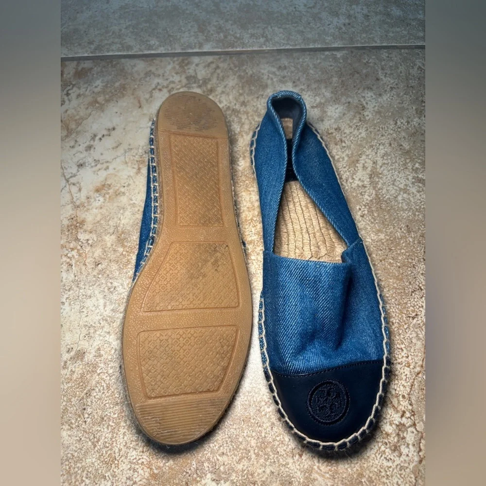 Tory Burch Denim Blue and Black Leather Espadrilles